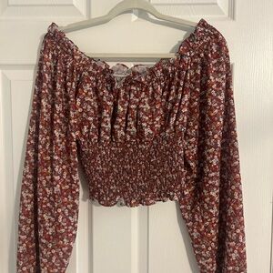 Red Smocked Ruched Long Sleeve Blouse